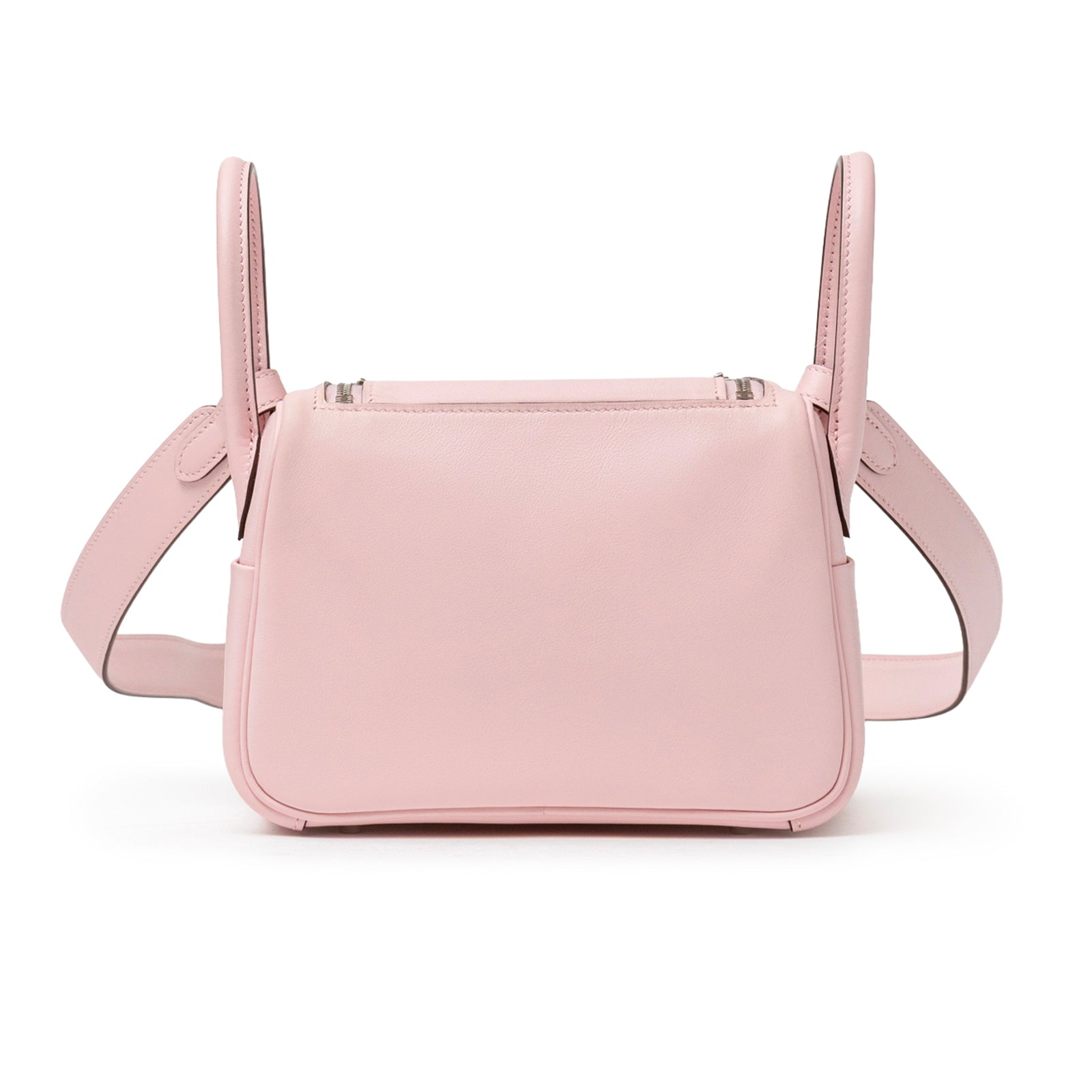 Back view of Hermès Mini Lindy II Rose Sakura Swift Palladium Hardware showing smooth leather and strap details
