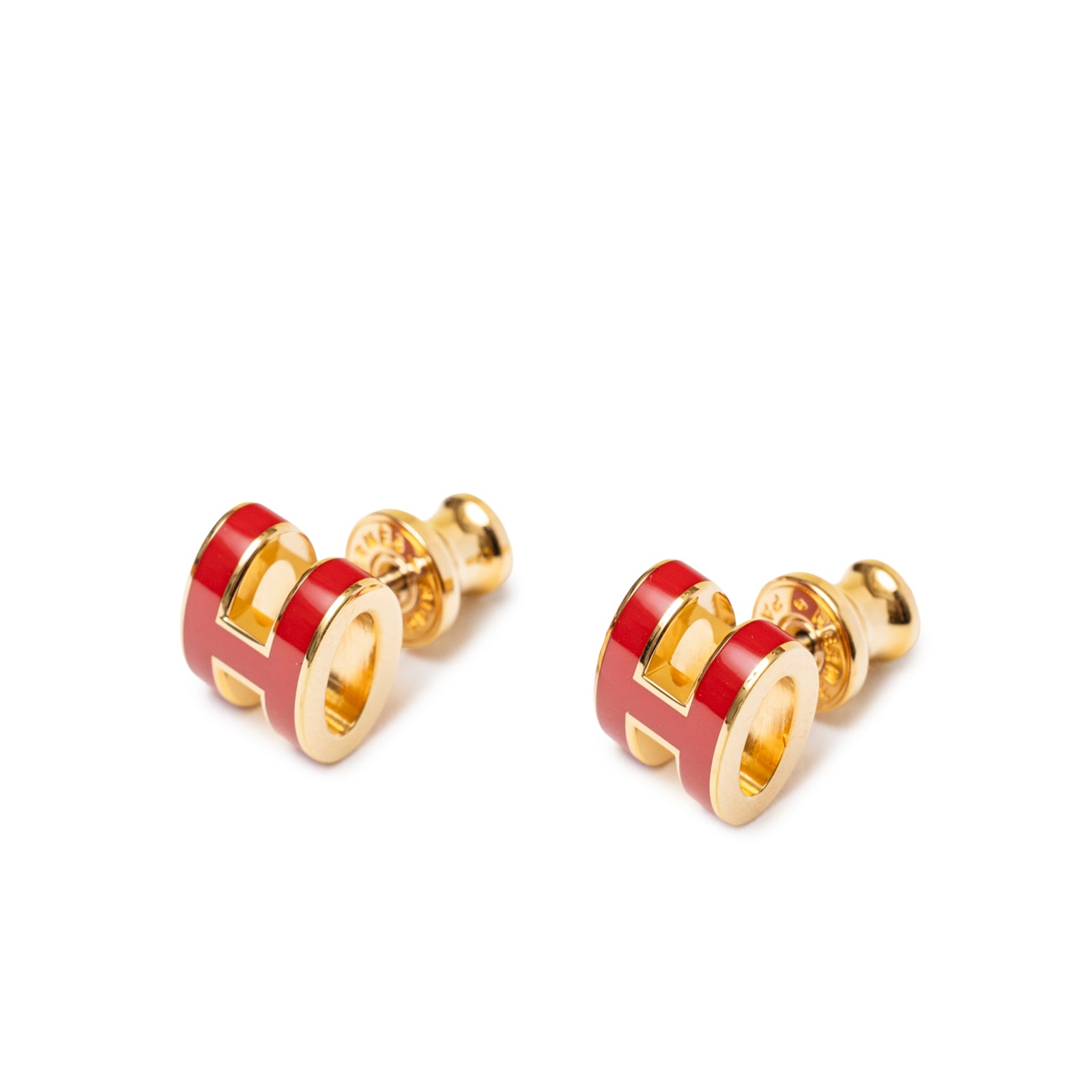 Close-up front angle of Hermès Mini Pop H Earrings Red Gold Plated showcasing their red enamel and gold finish.