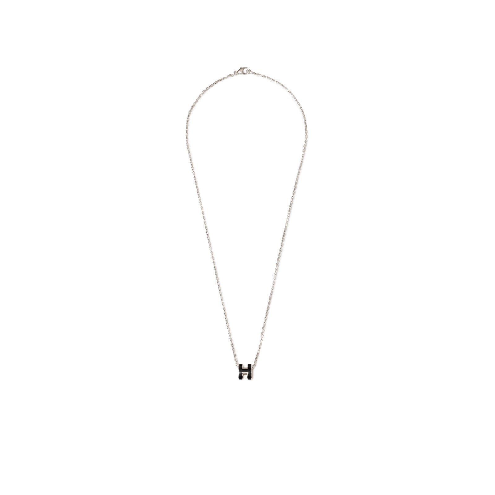 Front view of Hermès Mini Pop H Pendant Black Palladium Plated necklace with delicate chain and H-shaped pendant
