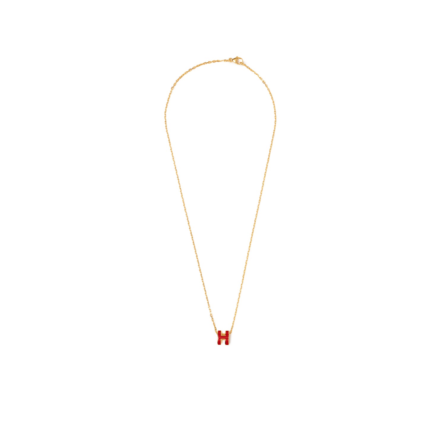 Front view of Hermès Mini Pop H Pendant Red Gold Plated with red enamel H charm on delicate gold chain