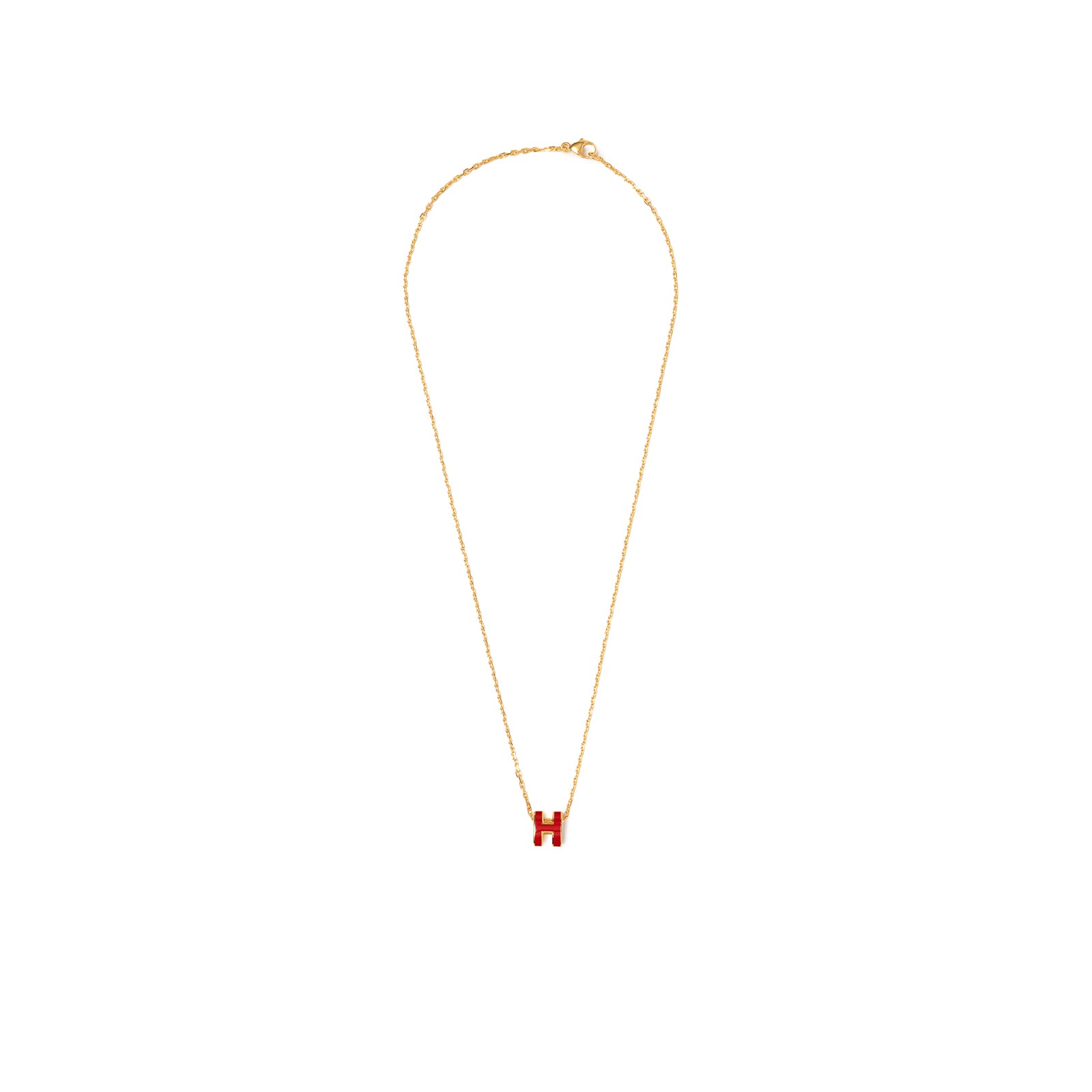 Front view of Hermès Mini Pop H Pendant Red Gold Plated with red enamel H charm on delicate gold chain