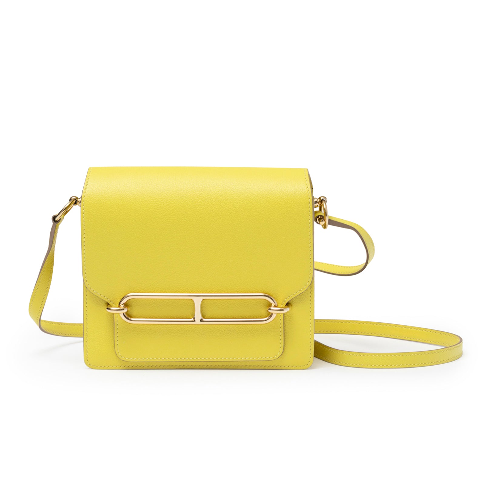 Front view of Hermès Mini Roulis Lime Evercolor Permabrass Hardware bag with smooth leather and gold clasp detail