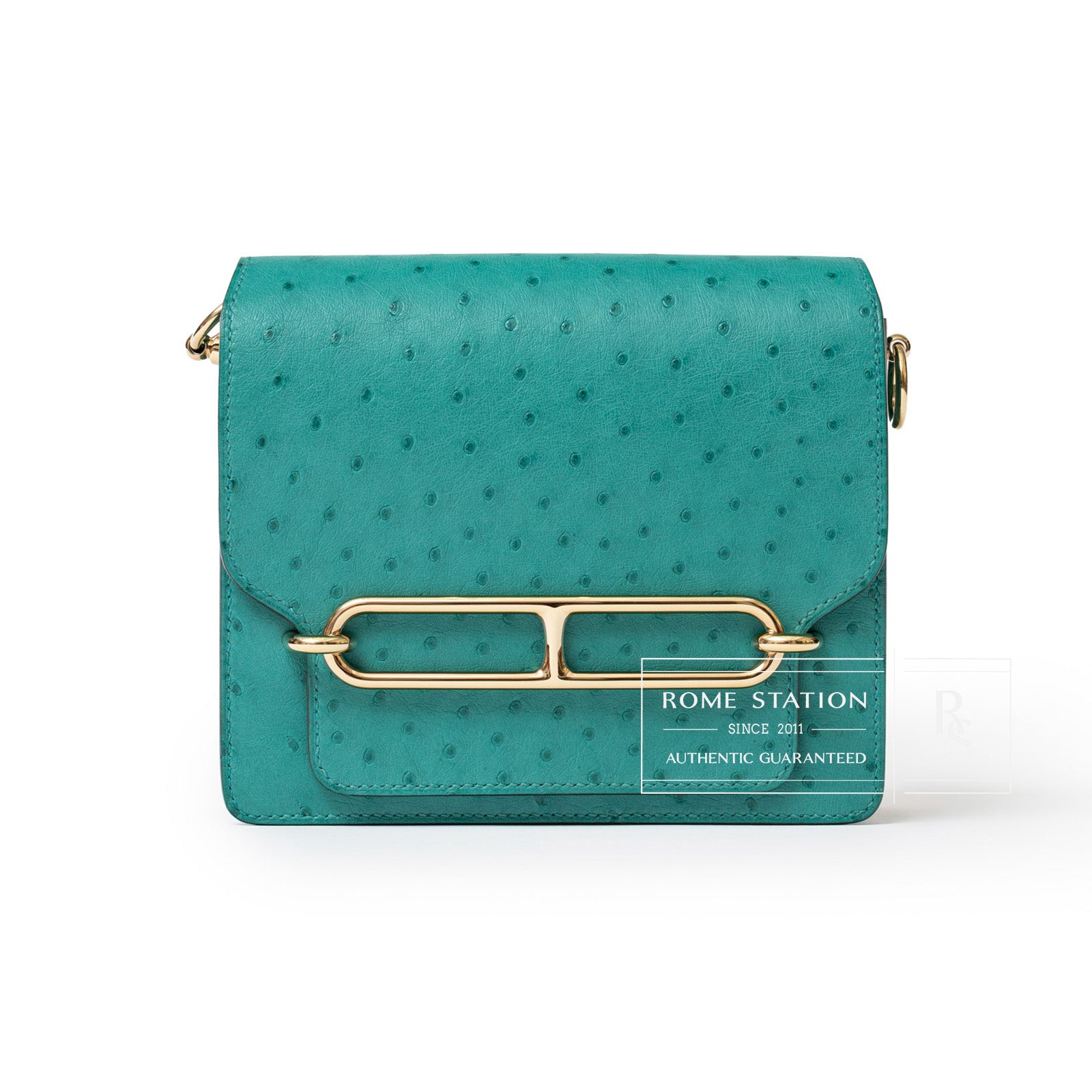 Hermès Mini Roulis Ostrich Vert Verone Permabrass Hardware - Front