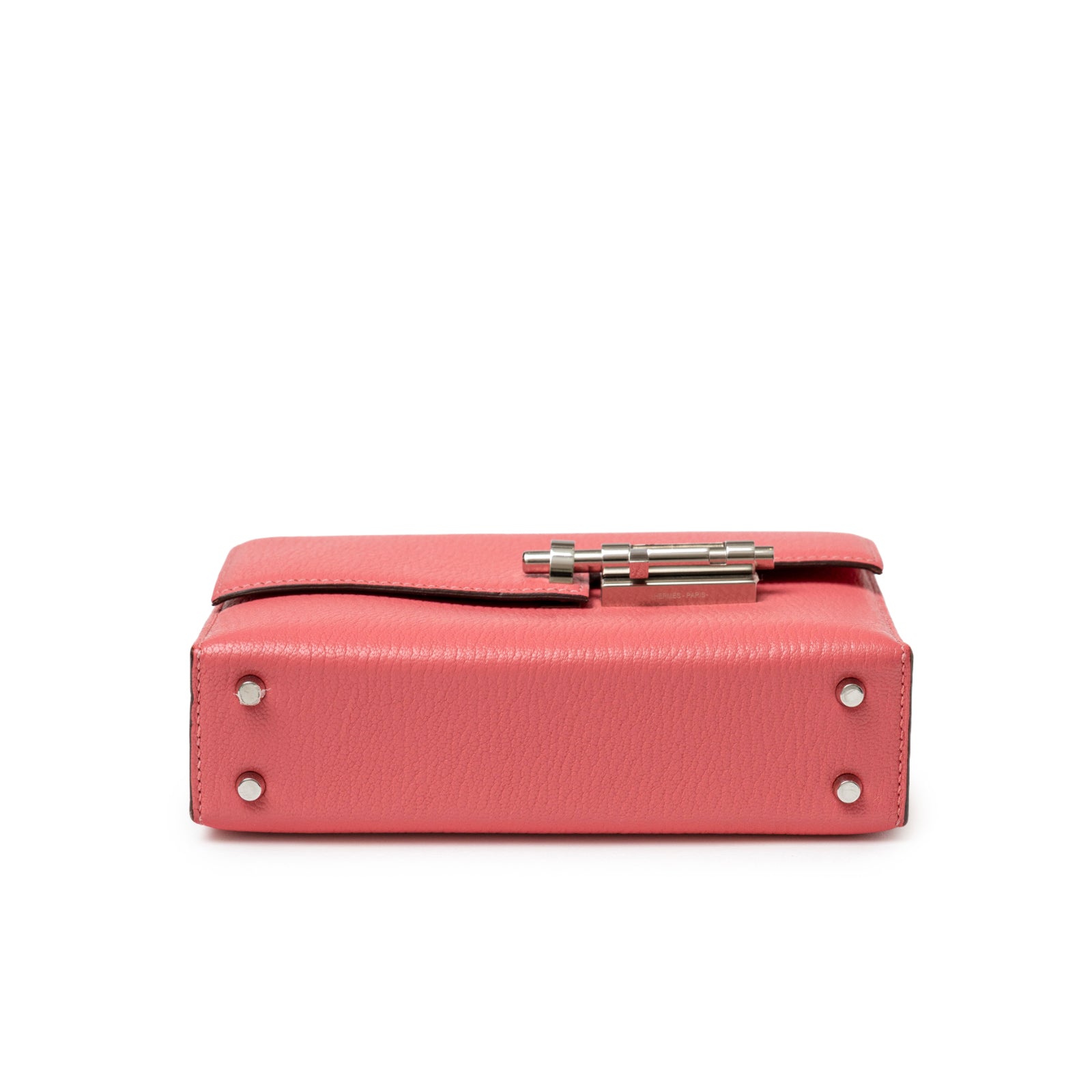 Bottom view of Hermès Mini Verrou Chaine Bag Rose Azalee Chevre Mysore Palladium Hardware showing feet and clasp detail