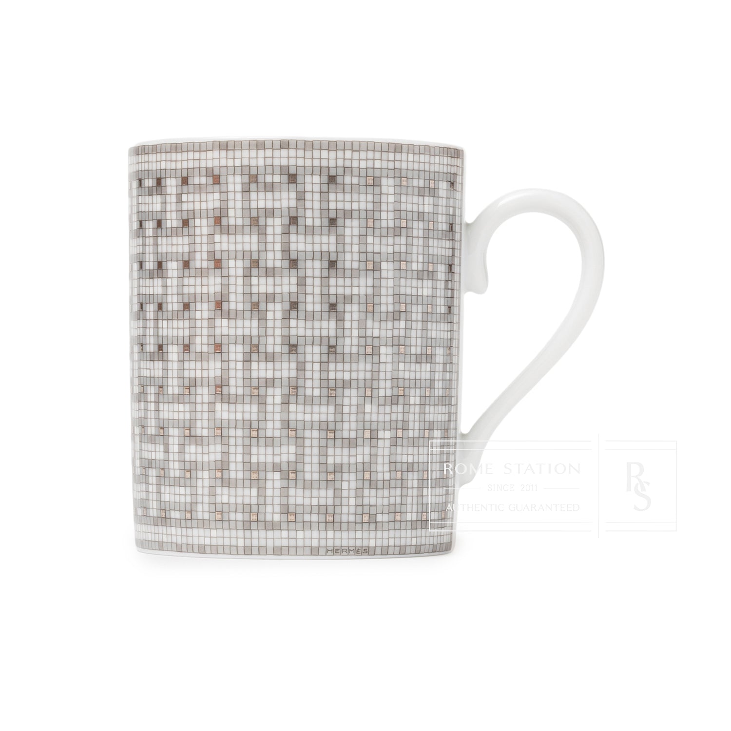 Front view of Hermès Mosaique au 24 Platinum Mug showing intricate platinum mosaic pattern on white porcelain