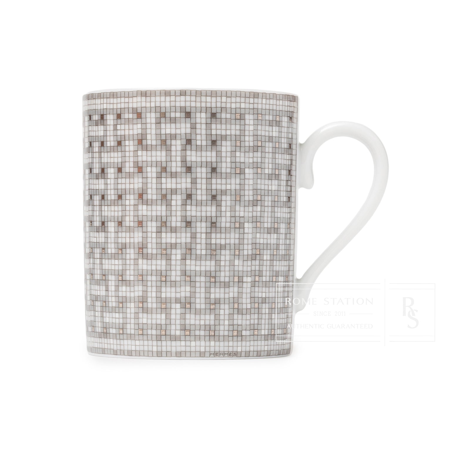 Front view of Hermès Mosaique au 24 Platinum Mug showing intricate platinum mosaic pattern on white porcelain