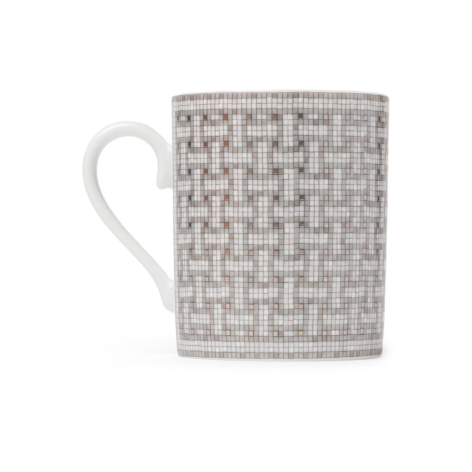 Back view of Hermès Mosaique au 24 Platinum Mug featuring intricate platinum mosaic pattern on white porcelain