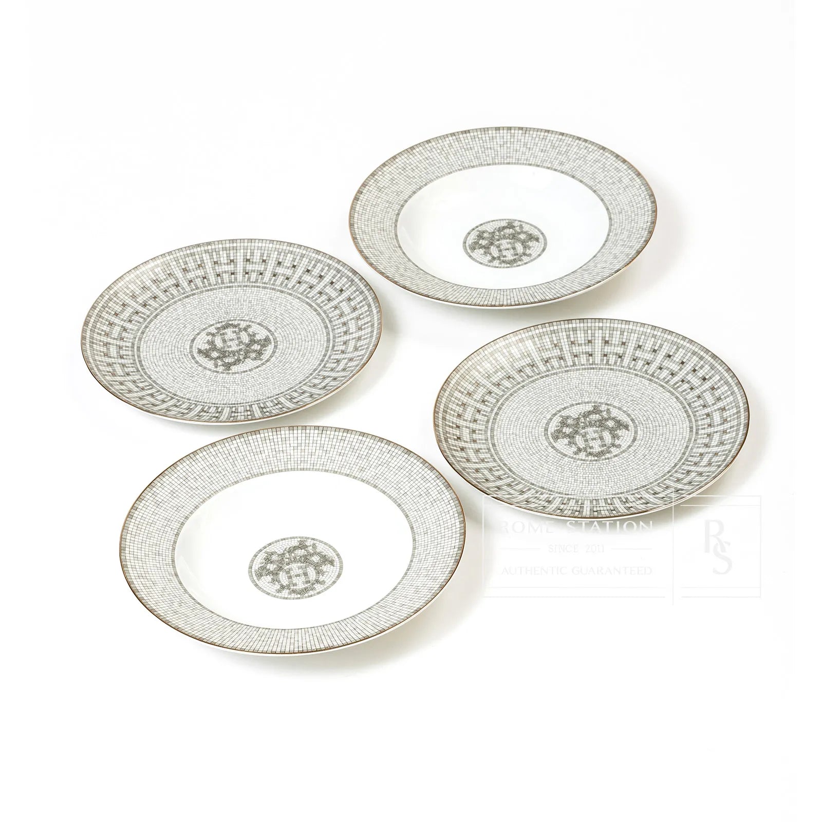 Hermès Mosaique au 24 Platium Dessert Plate & Soup Plate A Set Of Four