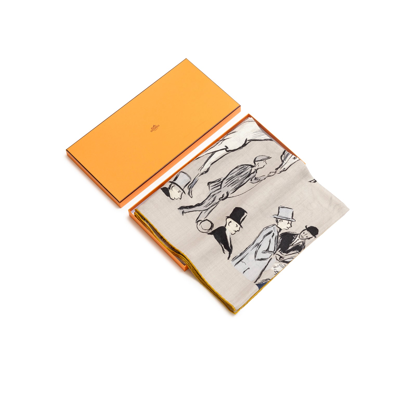Hermès Paddock Shawl 140 Gris Etain/Blue Marine/Nacre folded next to original orange box top view square image