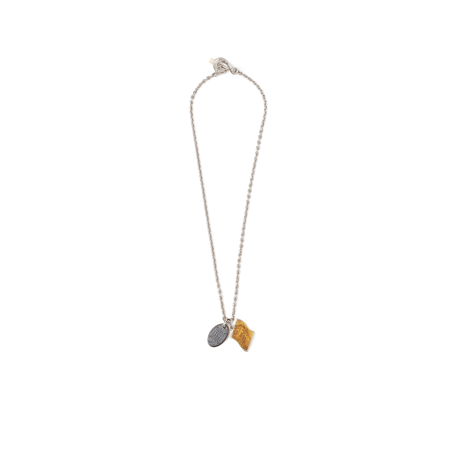 Front view of Hermès Parade Necklace Orange Pulpe Transparent with silver chain and dual pendants visible