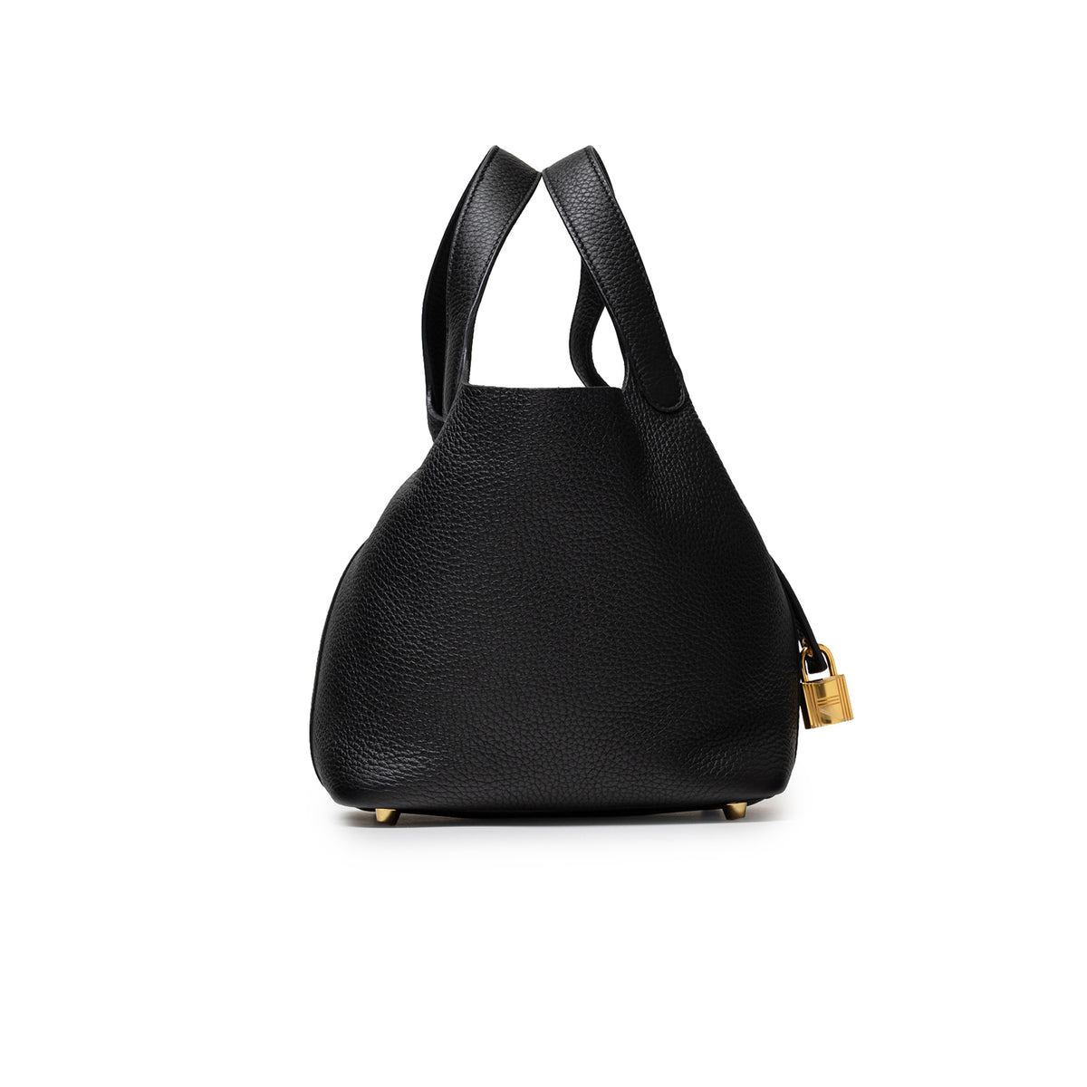 Hermès Picotin 18 Black Clemence Gold Hardware angled view with leather handles and padlock