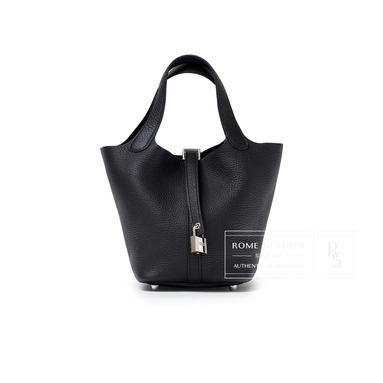 Front view of Hermès Picotin 18 Black Clemence Palladium Hardware showing textured leather and lock detail