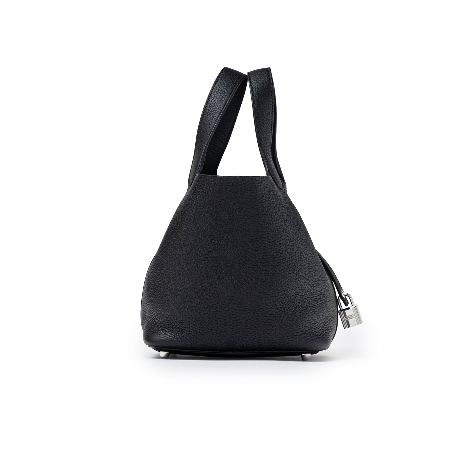 Side view of Hermès Picotin 18 Black Clemence Palladium Hardware showing textured leather and lock 