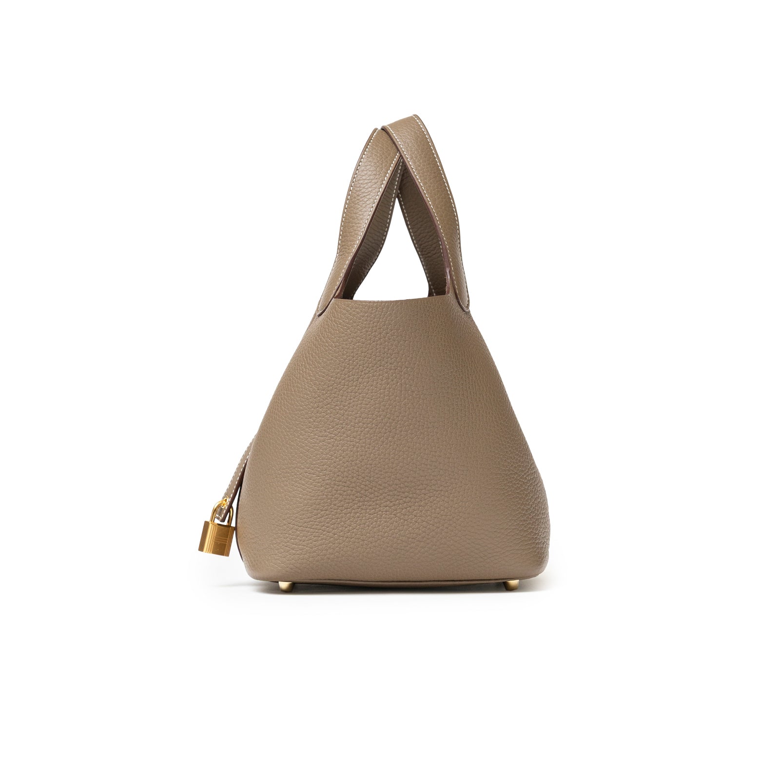 Side view of Hermès Picotin 18 Etoupe Clemence Gold Hardware tote in textured taupe leather with gold accents