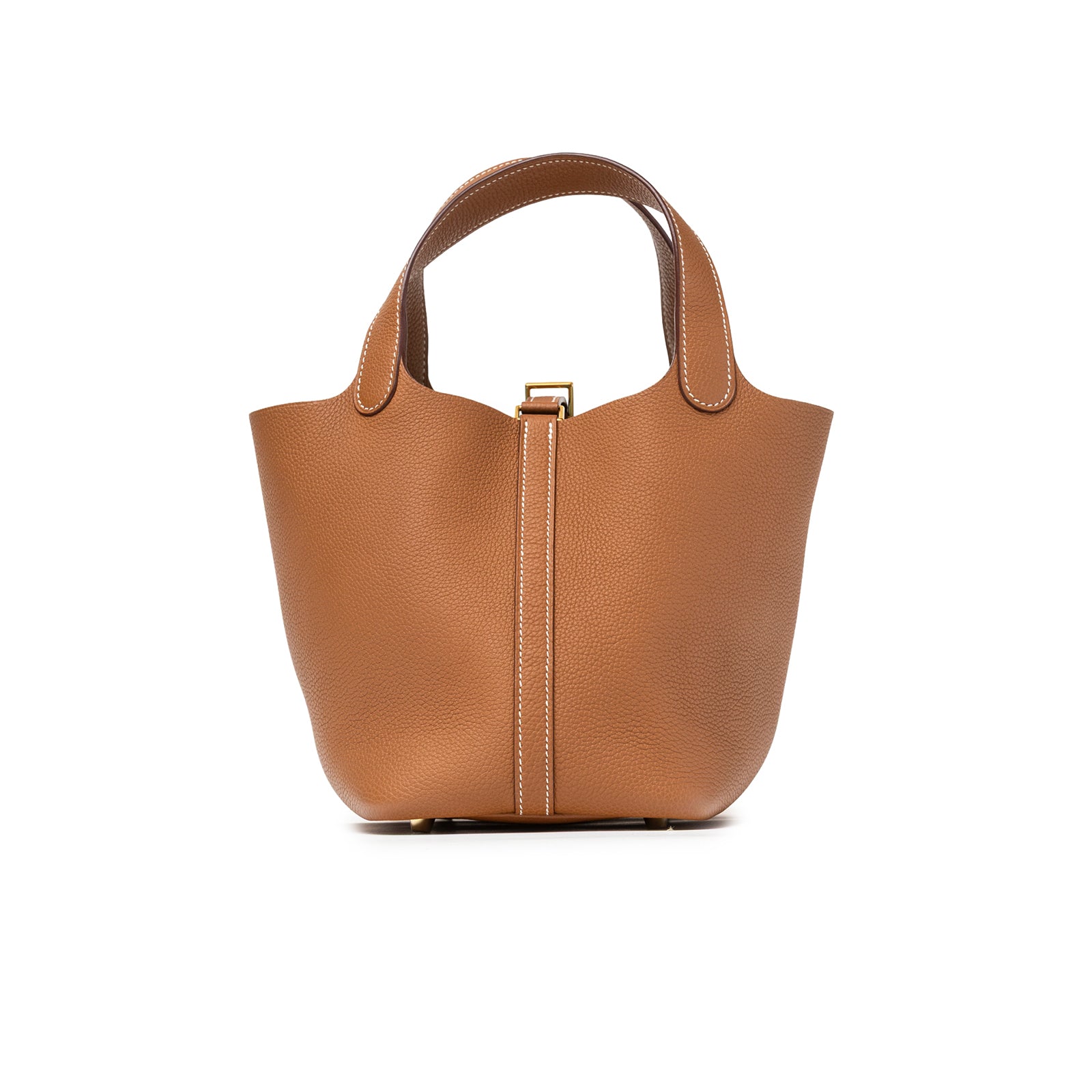 Back view of Hermès Picotin 18 Gold Clemence Gold Hardware D bag in tan leather with contrast stitching detail