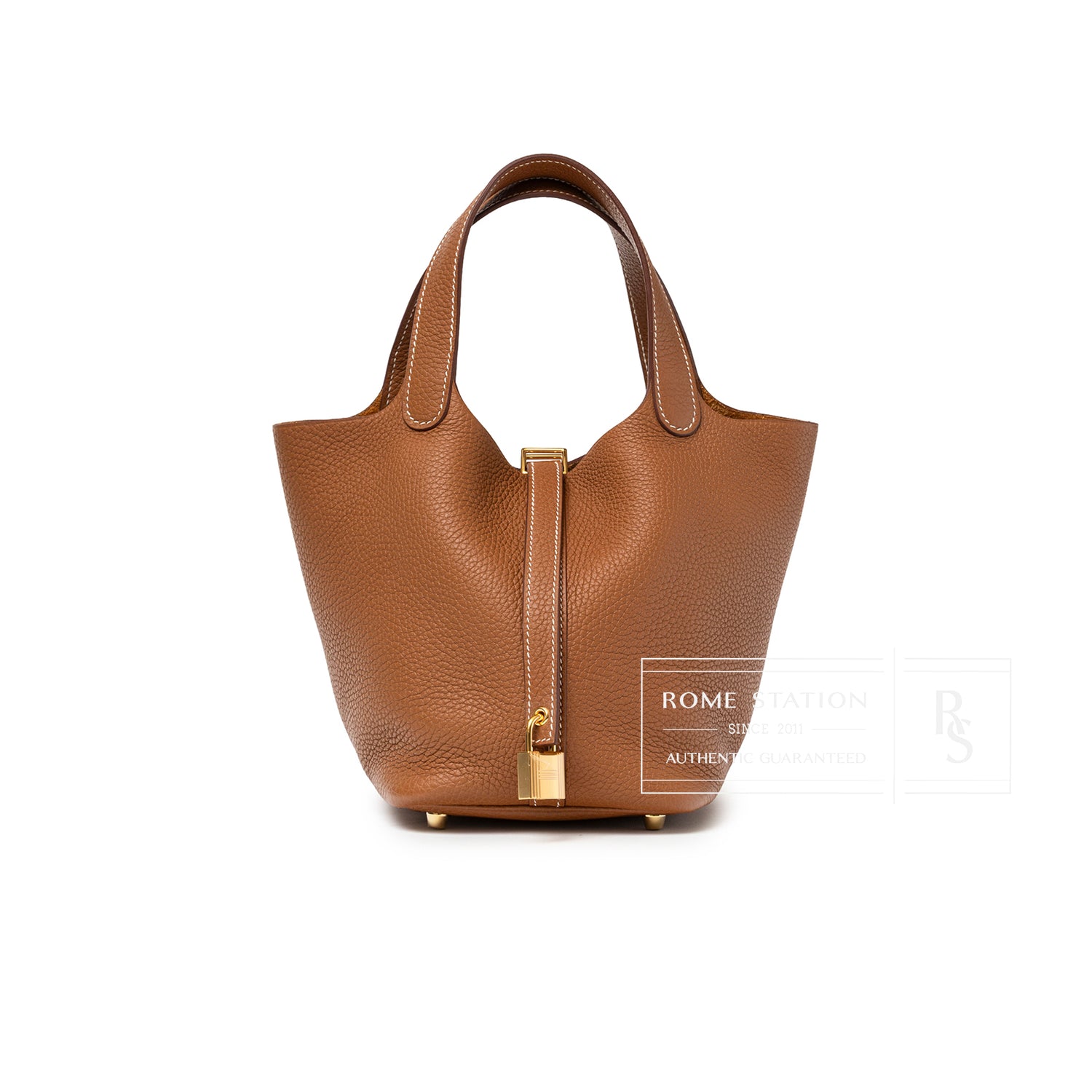 Front view of Hermès Picotin 18 Gold Clemence Gold Hardware showing textured leather and gold clasp detail