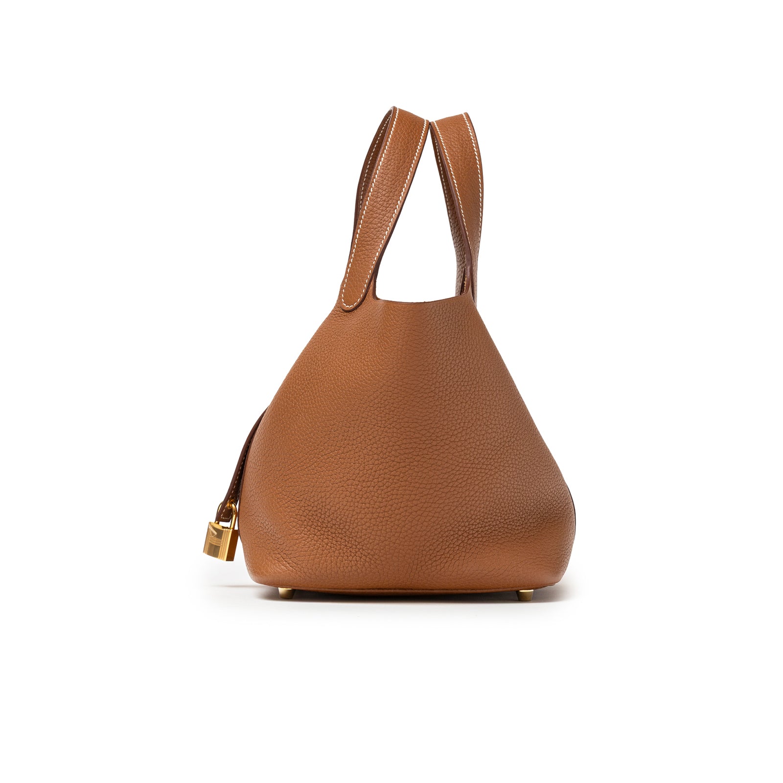 Side view of Hermès Picotin 18 Gold Clemence Gold Hardware in textured brown leather with gold lock detail