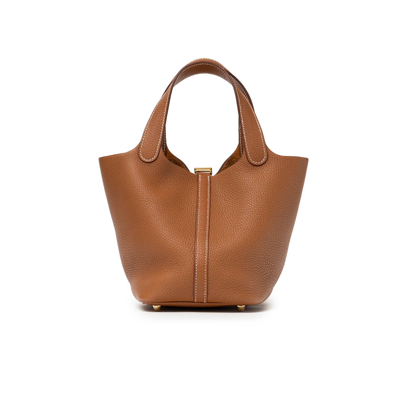 Back view of Hermès Picotin 18 Gold Clemence Gold Hardware in rich brown leather with smooth grain texture