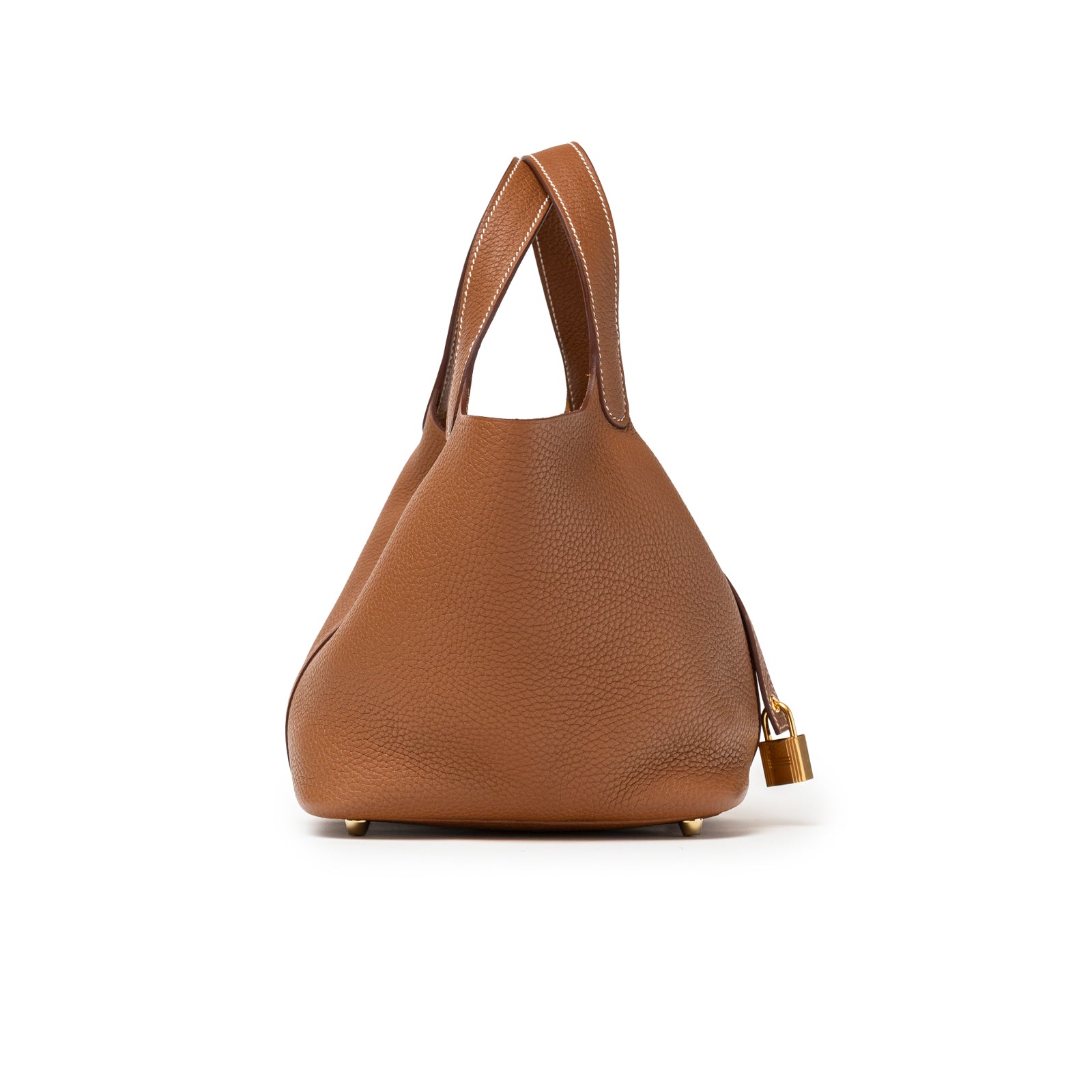 Side perspective of Hermès Picotin 18 Gold Clemence Gold Hardware in smooth brown leather with gold lock accents