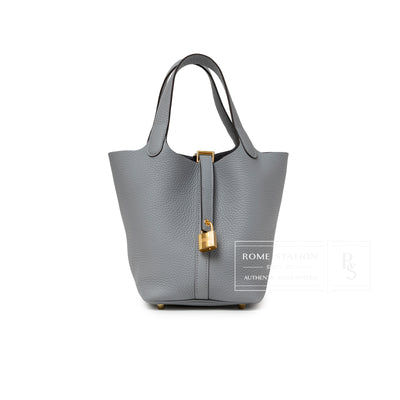 Front view of Hermès Picotin 18 Gris Pantin Clemence Gold Hardware with textured leather and gold lock detail