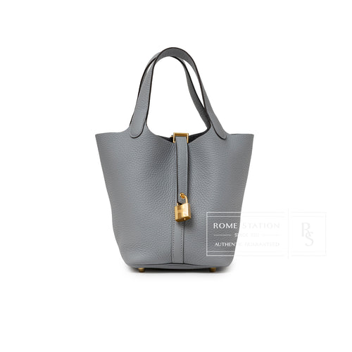 Front view of Hermès Picotin 18 Gris Pantin Clemence Gold Hardware with textured leather and gold lock detail
