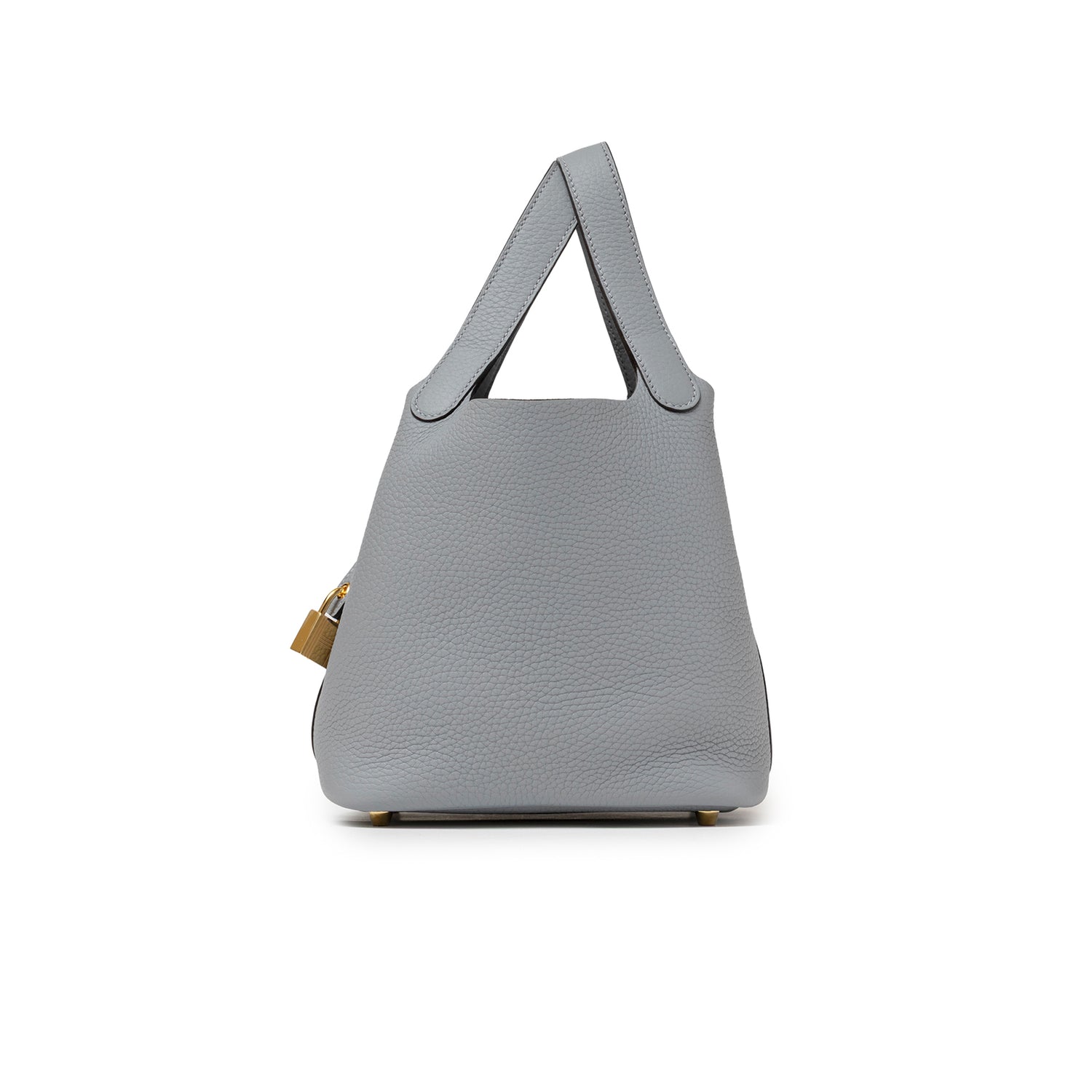 Side view of Hermès Picotin 18 Gris Pantin Clemence Gold Hardware with smooth textured leather and handles visible