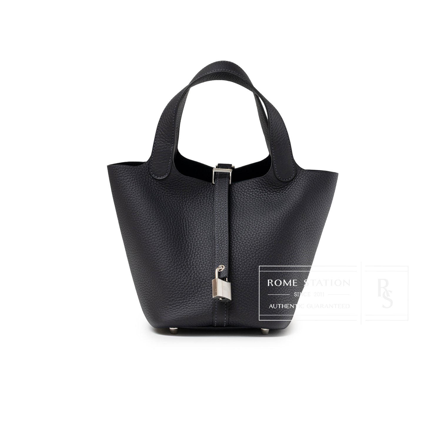 Front view of Hermès Picotin 18 Plomb Clemence Palladium Hardware with lock and rounded handles detail