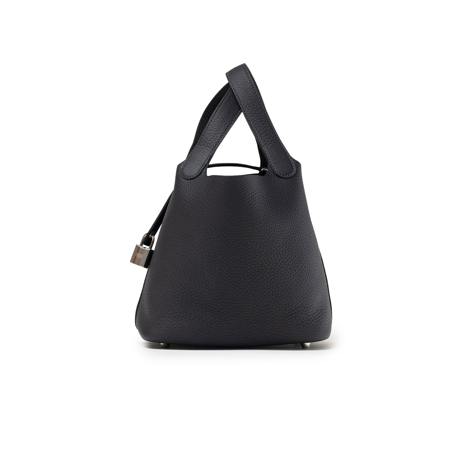 Side view of Hermès Picotin 18 Plomb Clemence leather tote with palladium hardware and lock detail