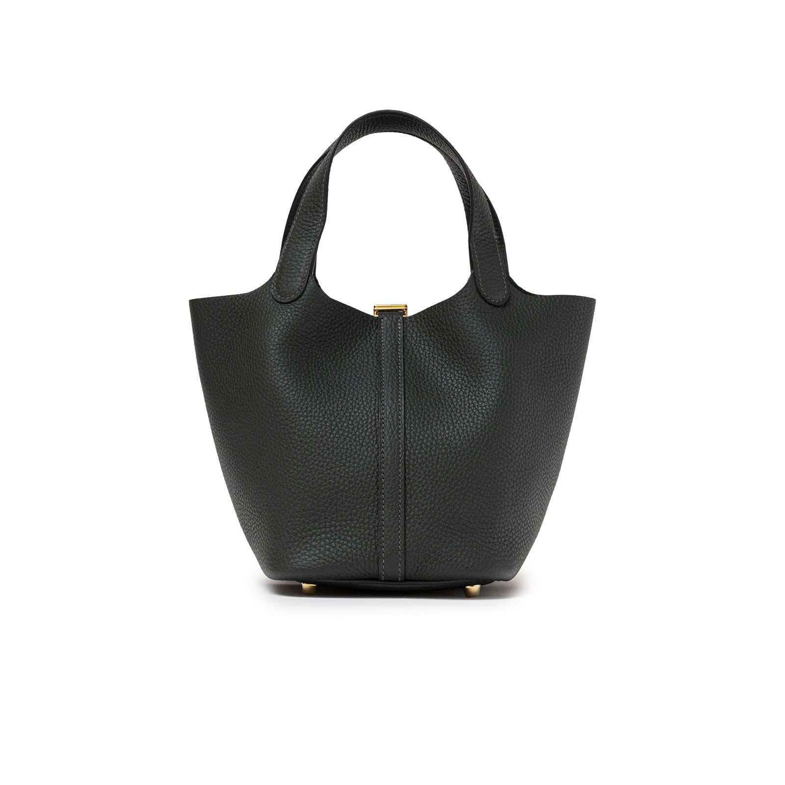 Back view of Hermès Picotin 18 Vert Fonce Clemence Gold Hardware tote bag with textured leather and gold accents