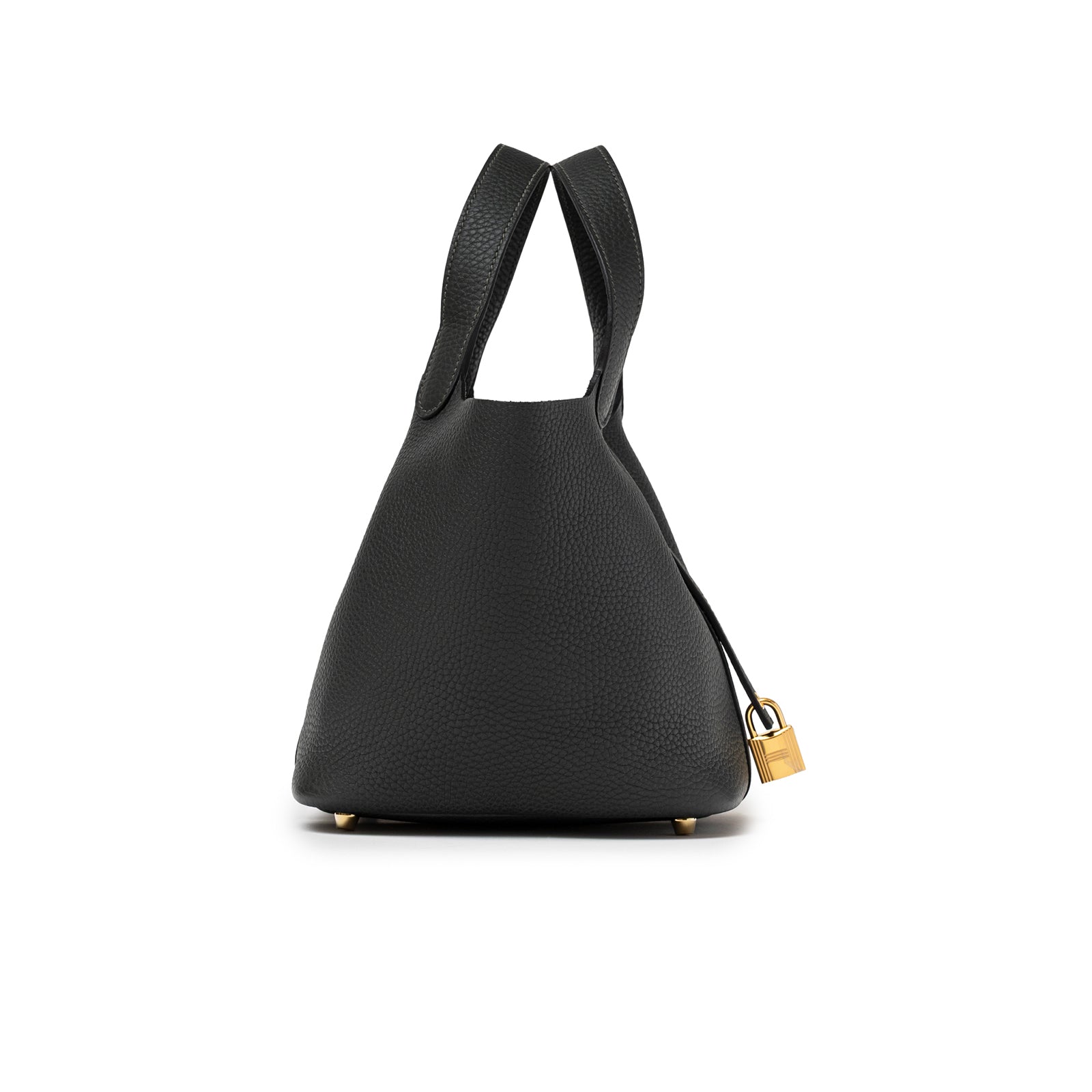 Hermès Picotin 18 Vert Fonce Clemence Gold Hardware shown from side with textured leather and gold lock detail