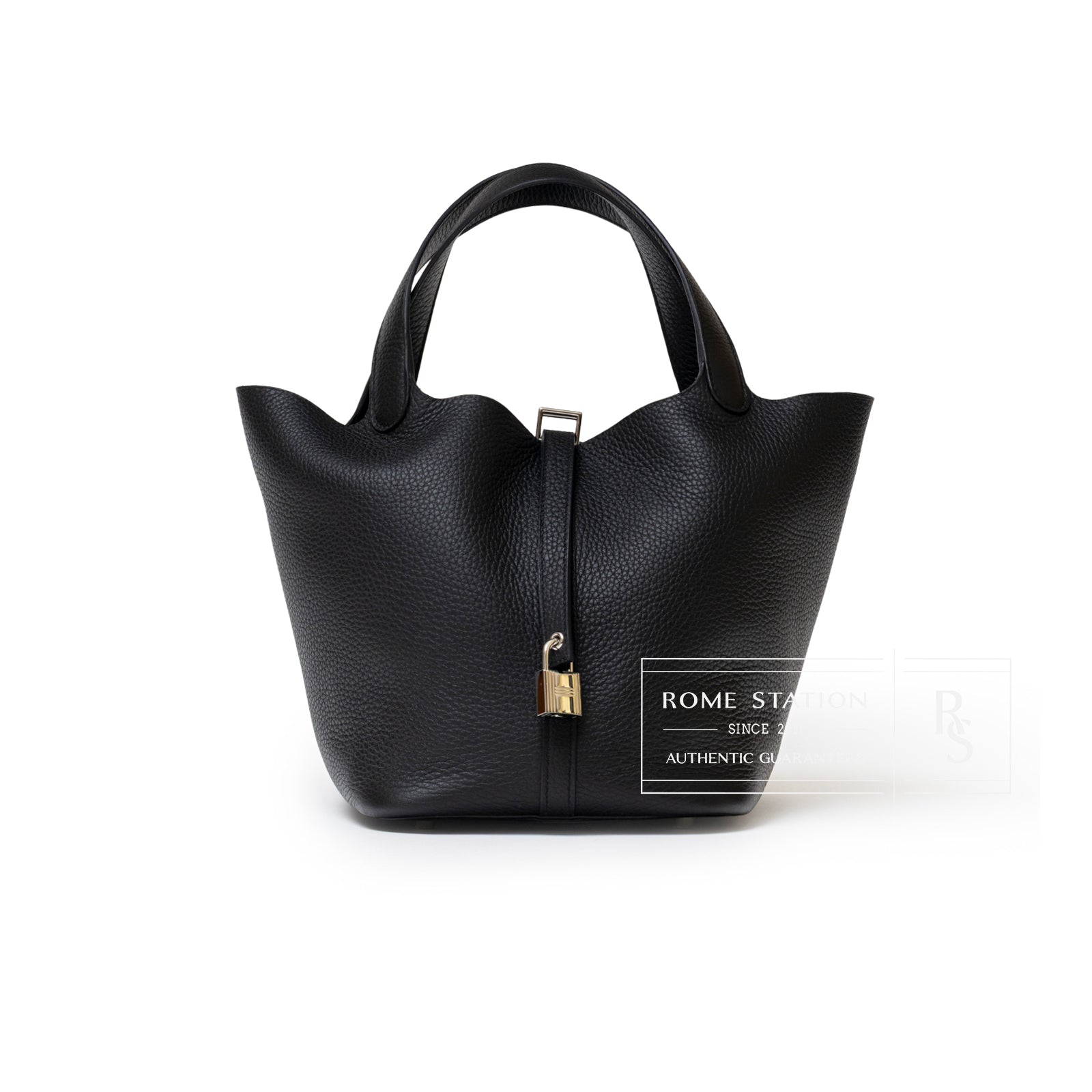 Front view of Hermès Picotin 22 Black Clemence Palladium Hardware tote with pebbled leather texture and padlock detail