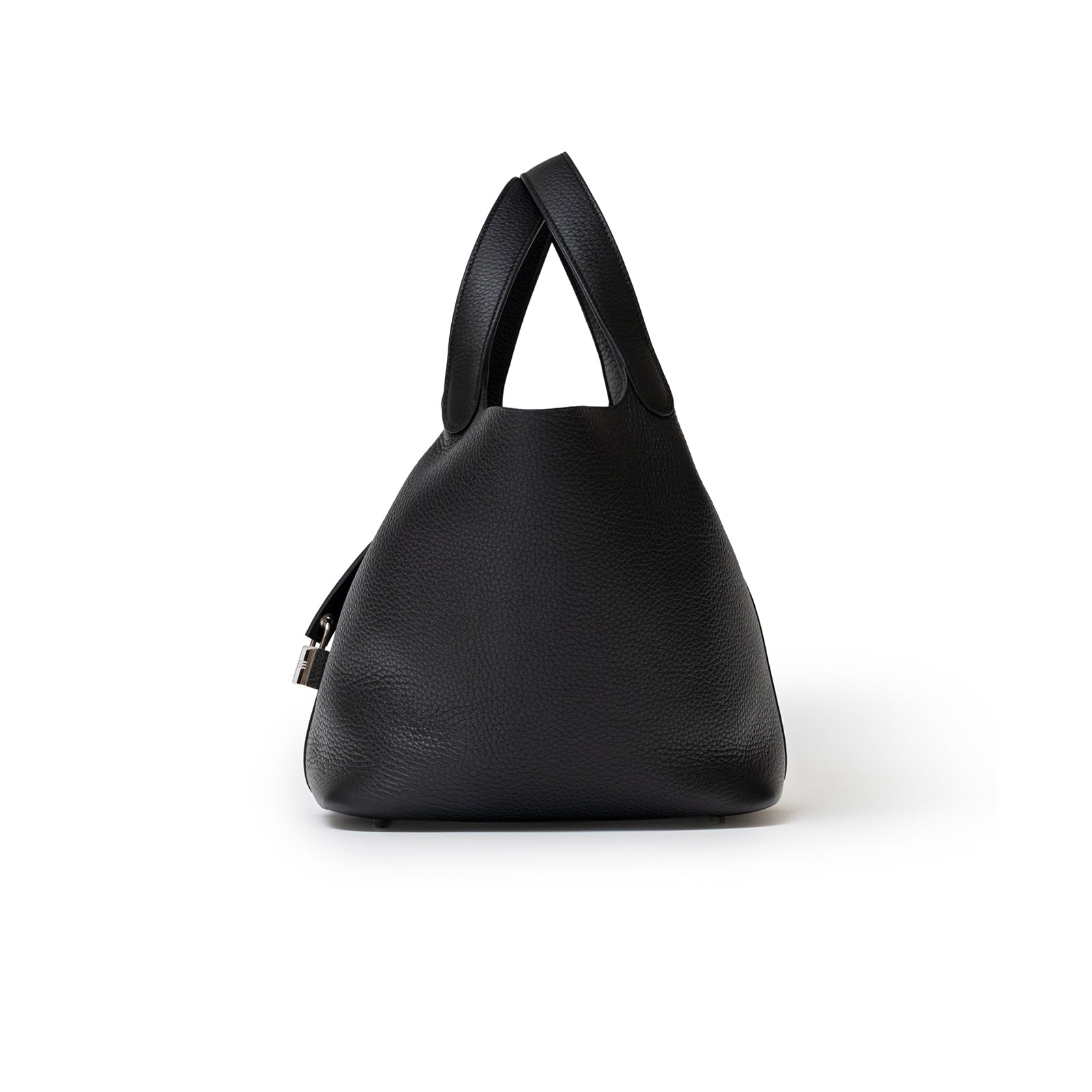 Side view of Hermès Picotin 22 Black Clemence Palladium Hardware showing smooth leather texture and handle design