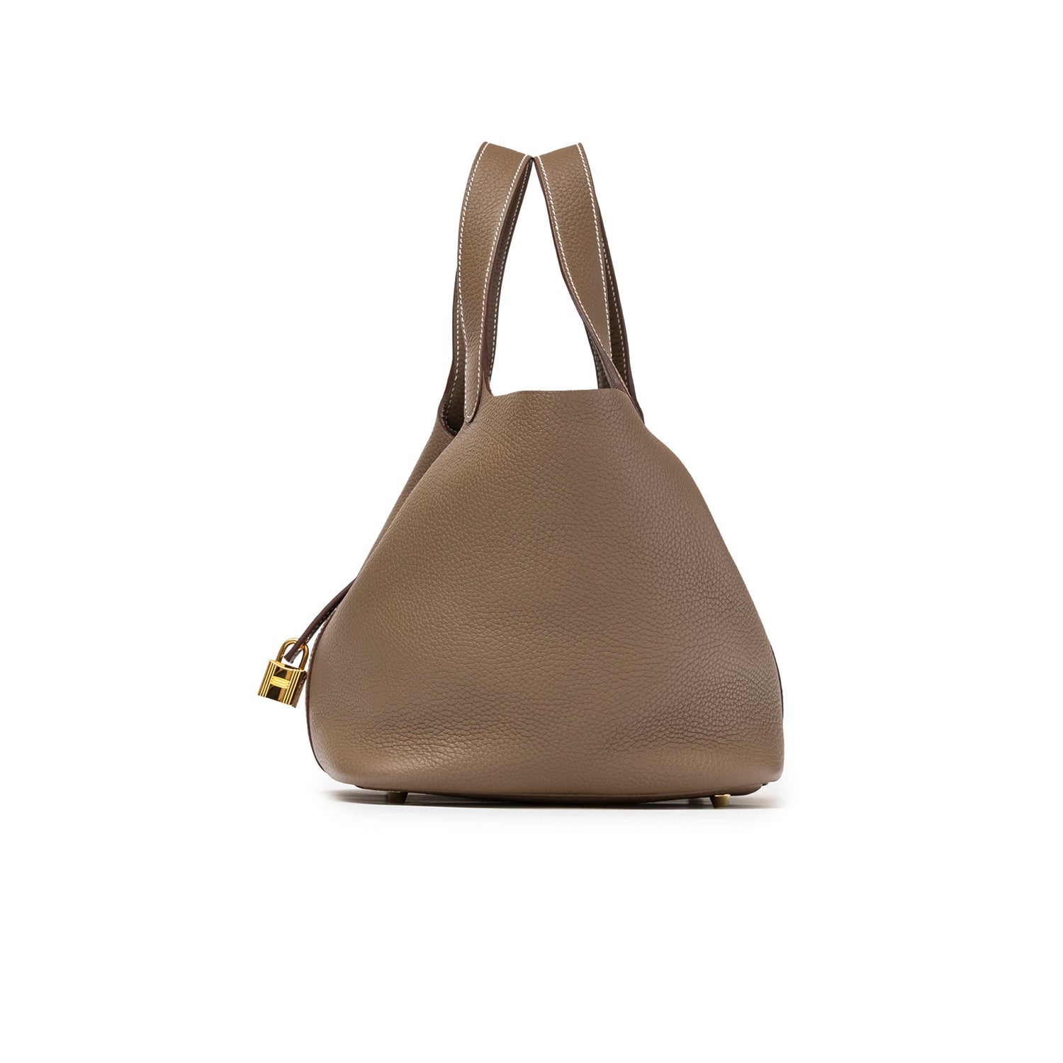Side view of Hermès Picotin 22 Etoupe Clemence Gold Hardware showcasing soft grain leather and gold lock detail