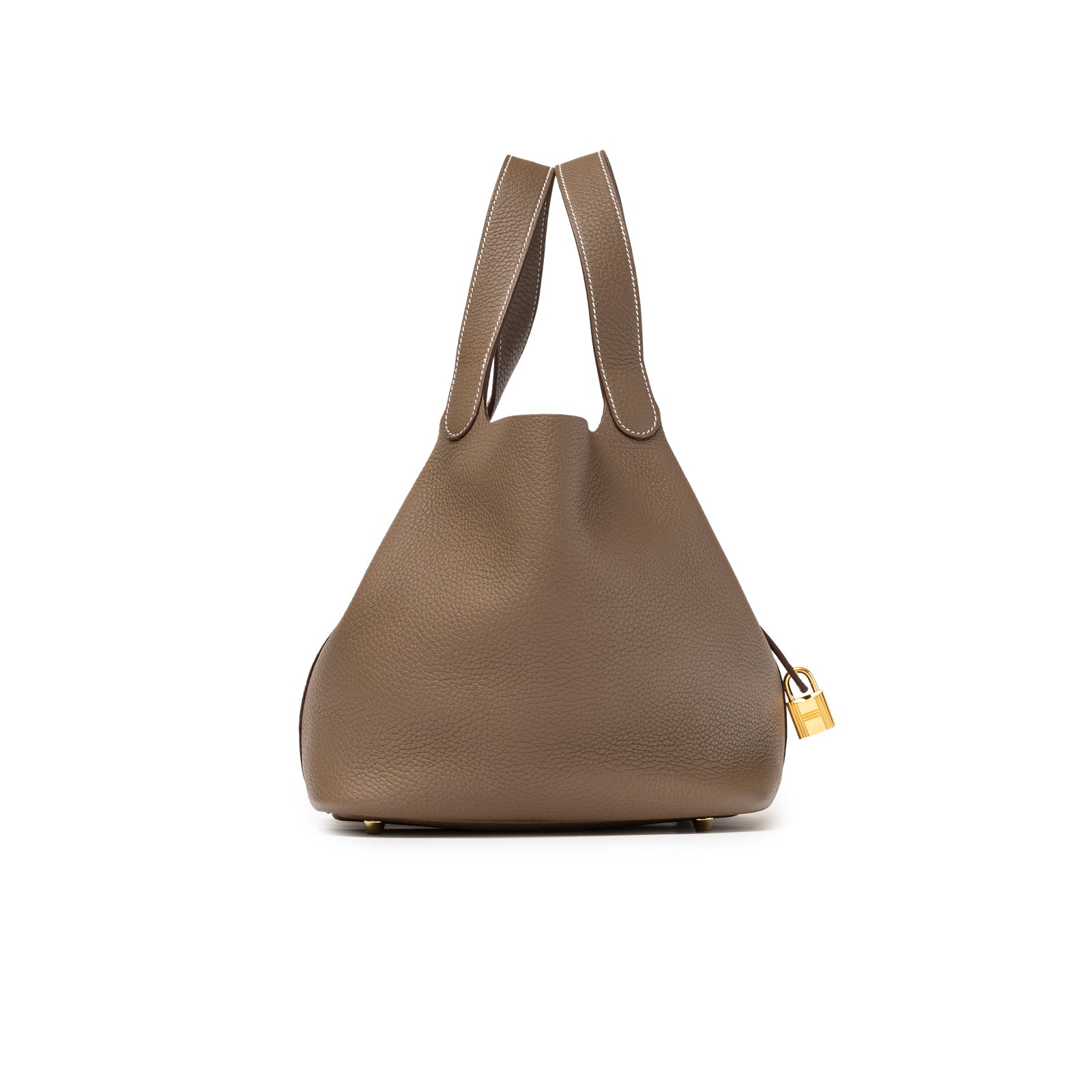 Side view of Hermès Picotin 22 Etoupe Clemence Gold Hardware