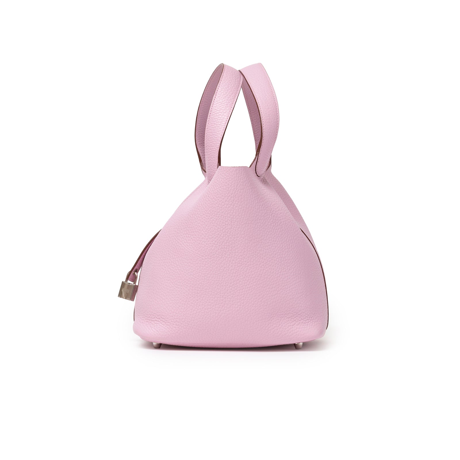 Side view of Hermès Picotin 22 Mauve Sylvestre Clemence Palladium Hardware showing soft leather texture and handle detail