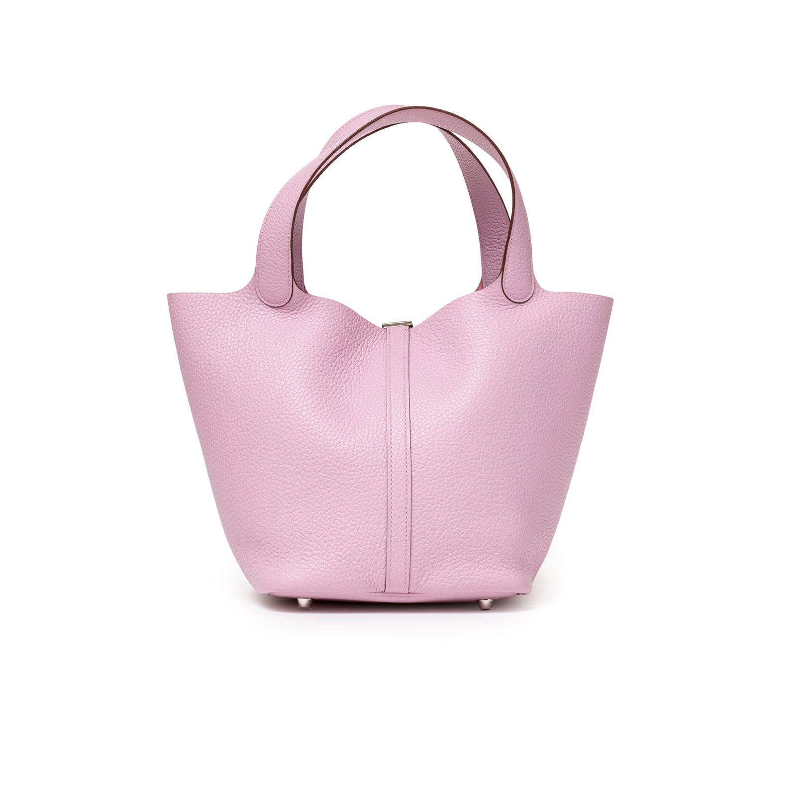 Back view of Hermès Picotin 22 Mauve Sylvestre Clemence Palladium Hardware showing pebbled leather and structured handles