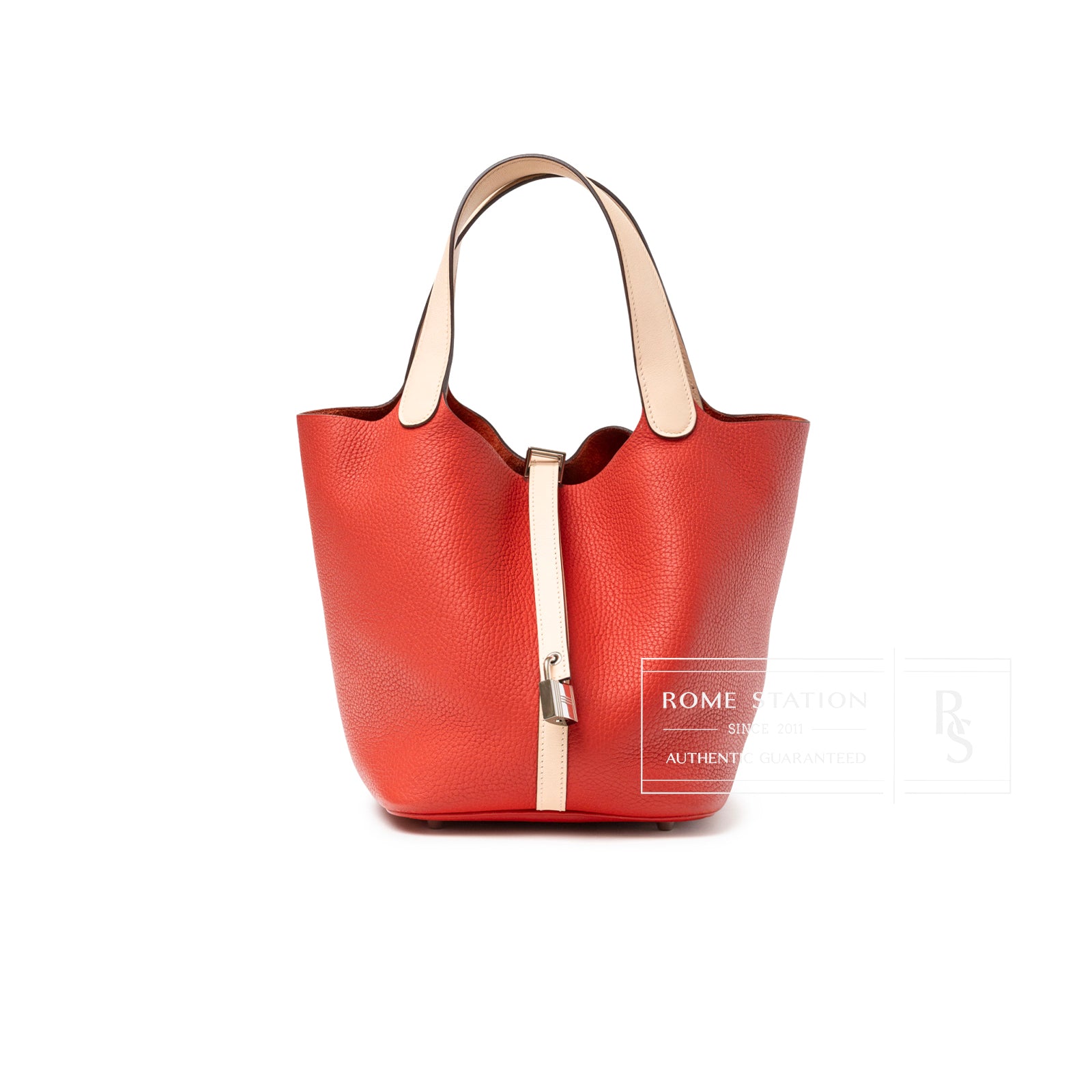 Front view of Hermès Picotin 22 Rouge Tomate Rose Elegante Clemence Palladium Hardware with lock detail