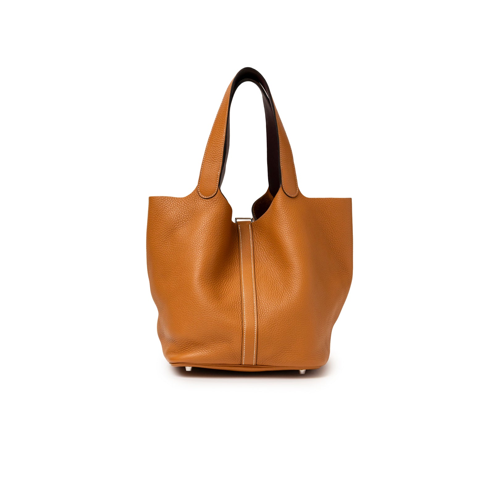 Back view of Hermès Picotin 26 Toffee Bordeaux Clemence Palladium Hardware large leather tote bag with double handles and minimalist design