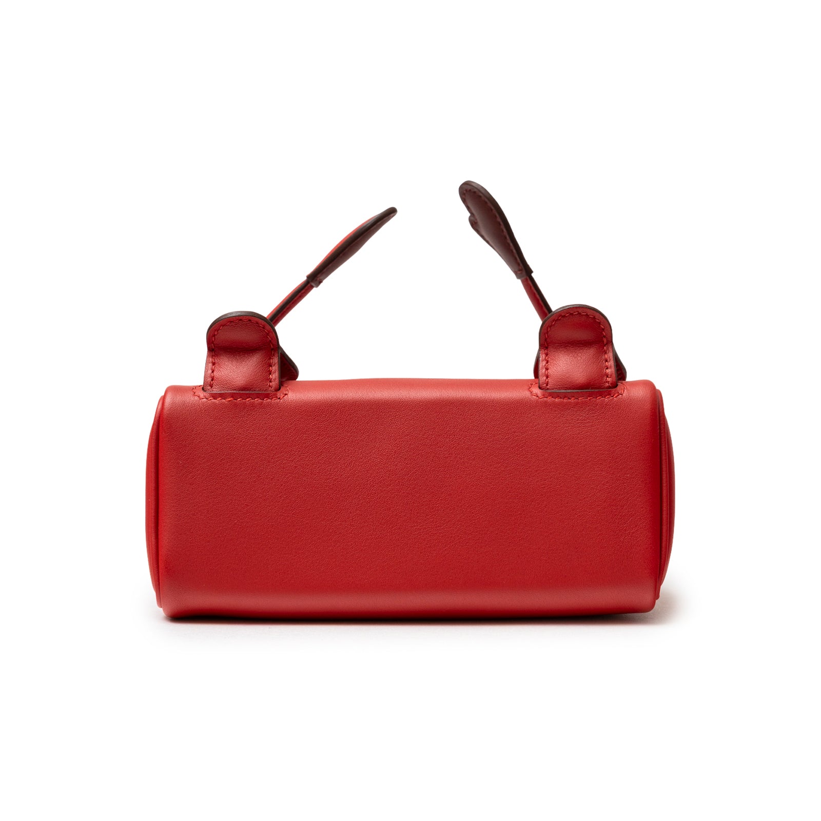 Bottom view of Hermès Quelle Idolle Kelly Doll Rouge Radieux Rouge H Swift Palladium Hardware showing smooth leather base and handles