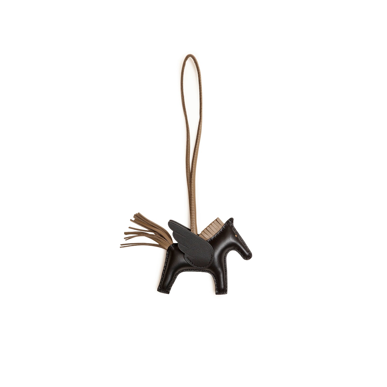 Back view of Hermès Rodeo Pegase Bag Charm PM Black Etoupe Milo Lambskin horse with leather wings and tail detail