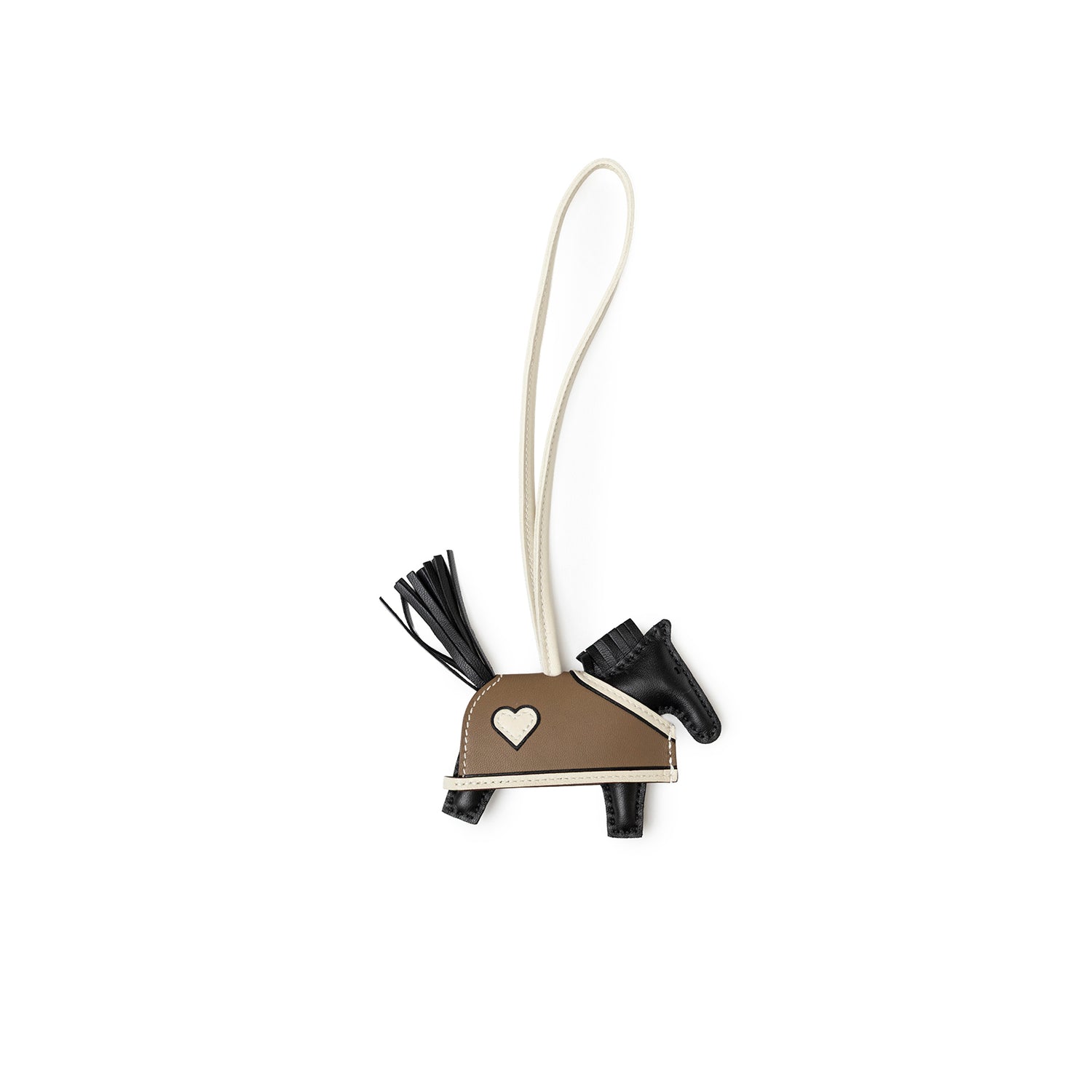 Top-down view of Hermès Rodeo Robeo Coeur Charm PM Etoupe Black Craie Milo Lambskin with heart detail and leather strap