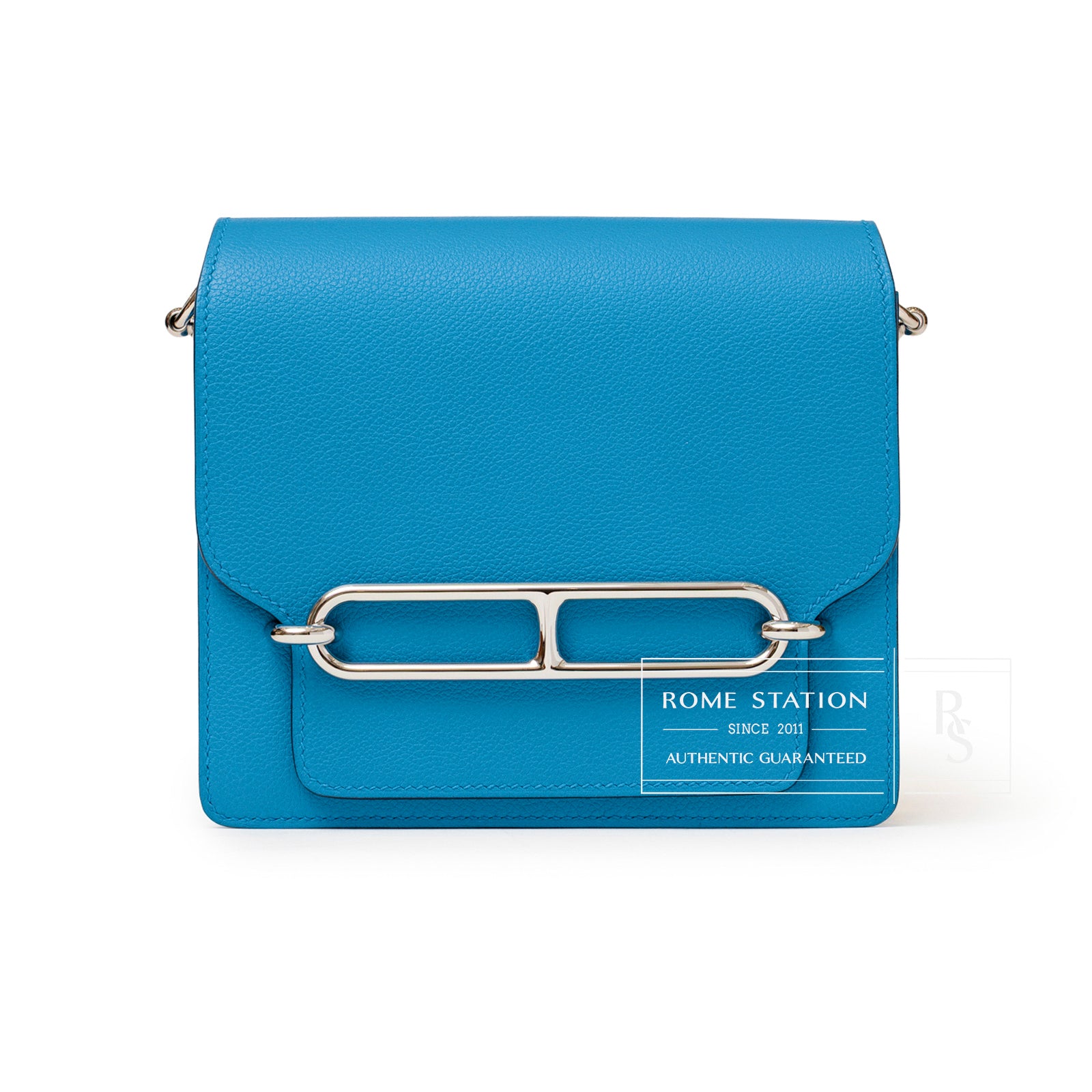 Front view of Hermès Roulis Mini Blue Frida Rouge H Evercolor Palladium Hardware with smooth leather texture and clasp detail