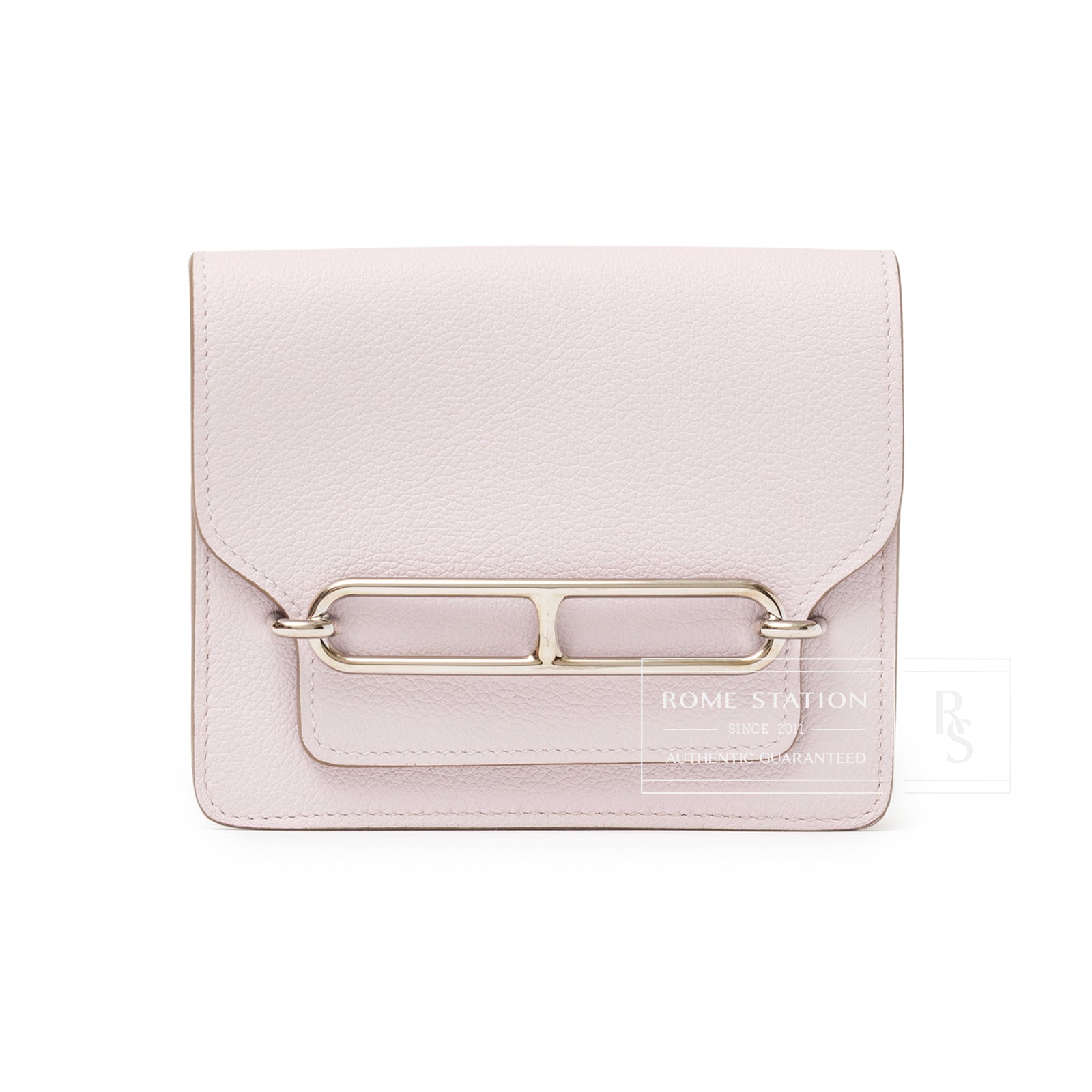 Front view of Hermès Roulis Slim Wallet Mauve Pale Evercolor Palladium Hardware showing pale mauve leather and palladium clasp detail