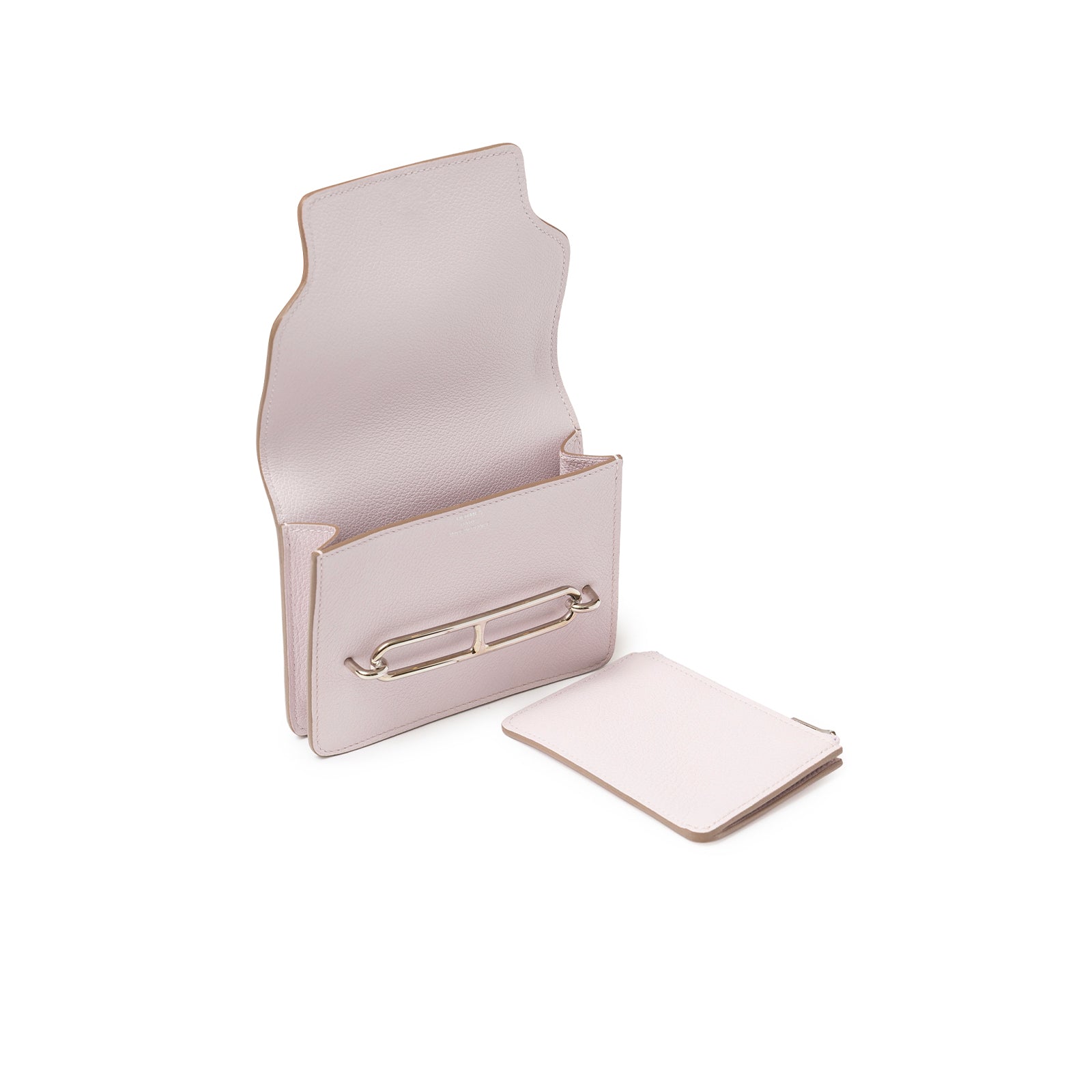 Open view of Hermès Roulis Slim Wallet Mauve Pale Evercolor Palladium Hardware showing interior and removable cardholder