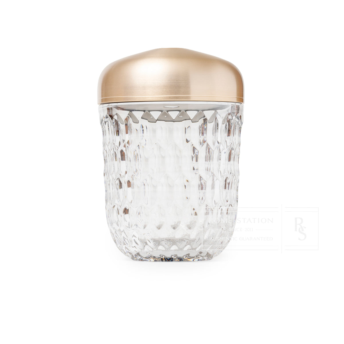 Hermès Saint Louis Folia Mini Portable Lamp Baladeuse Clear Brushed Gold with textured glass body close-up