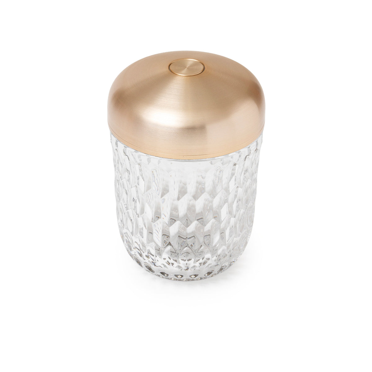 Top-down view of Hermès Saint Louis Folia Mini Portable Lamp Baladeuse Clear Brushed Gold with textured base