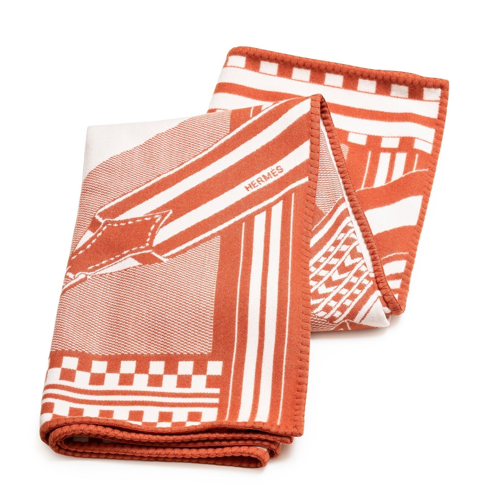 Hermès Sangles en Zig Zag Laine Cream/Rose Throw Blanket and Pillow Set