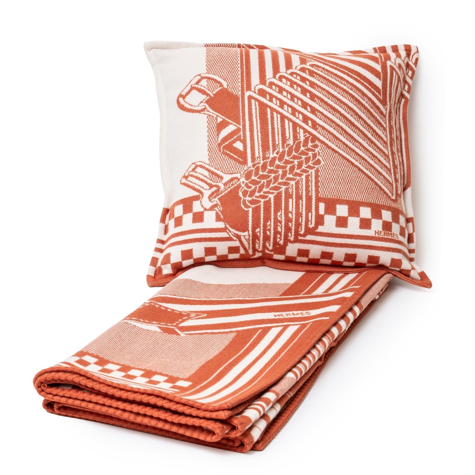 Hermès Sangles en Zig Zag Laine Cream/Rose Throw Blanket and Pillow Set