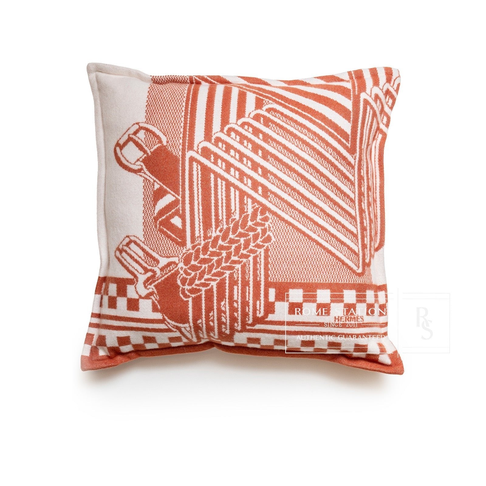 Hermès Sangles en Zig Zag Pillow Laine Cream/Rose 50cm