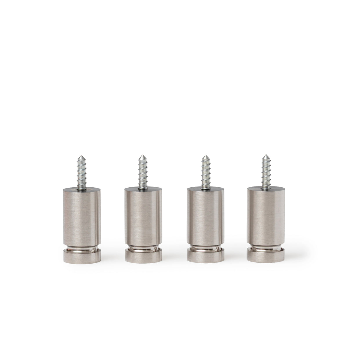 Close-up of four polished metal screw components for Hermès Scarf Display System